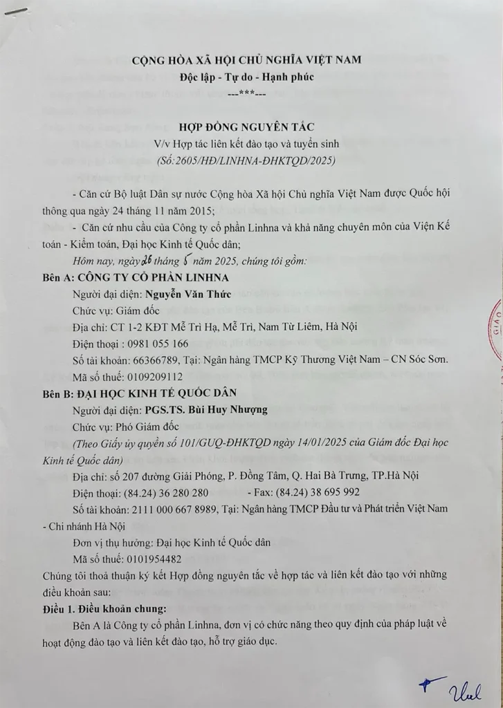 Hợp đồng nguyên tắc giữa Giáo dục Linhna và Đại học Kinh tế Quốc dân