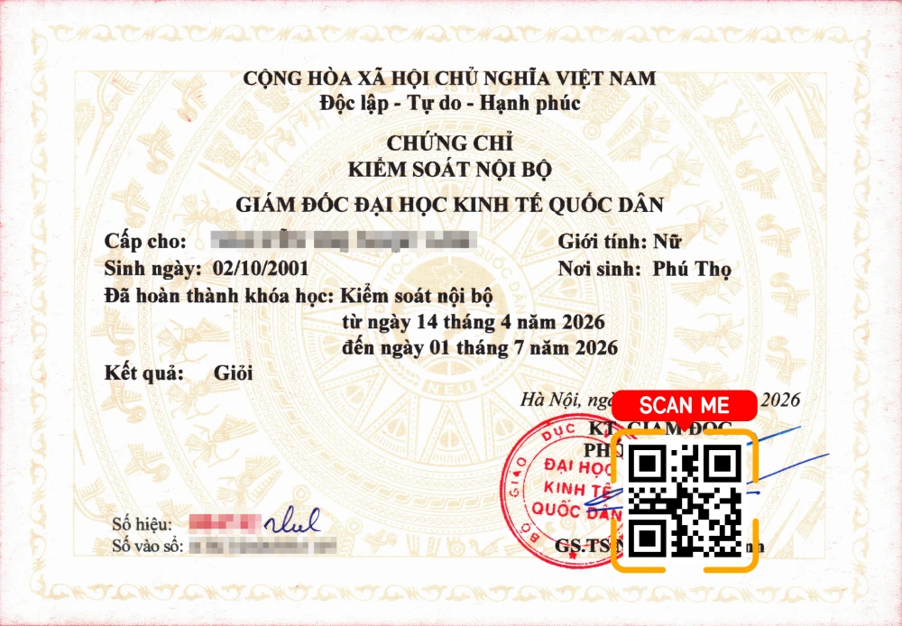 Mẫu chứng chỉ kiểm soát nội bộ Đại học Kinh tế Quốc dân