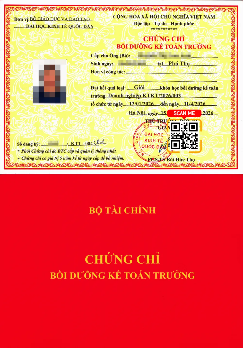 Mẫu chứng chỉ kế toán trưởng doanh nghiệp thực tế của Đại học Kinh tế Quốc dân