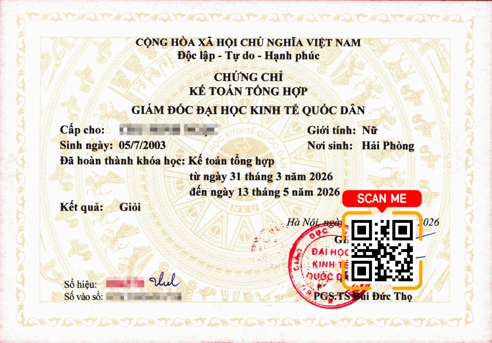 Mẫu chứng chỉ kế toán tổng hợp Đại học Kinh tế Quốc dân