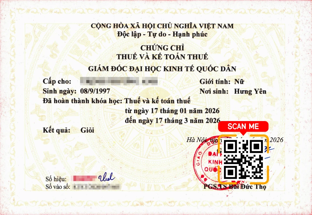 Mẫu chứng chỉ kế toán thuế Đại học Kinh tế Quốc dân
