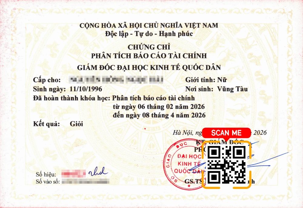 Mẫu chứng chỉ phân tích báo cáo tài chính Đại học Kinh tế Quốc dân